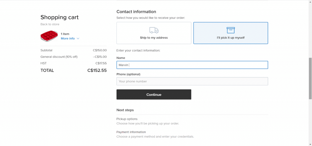 Online customer checkout screen