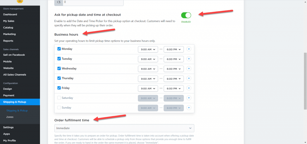 Enabling pickup times