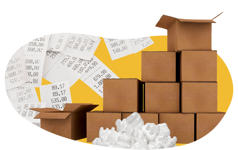 A pile of boxes, receipts, and packing peanuts