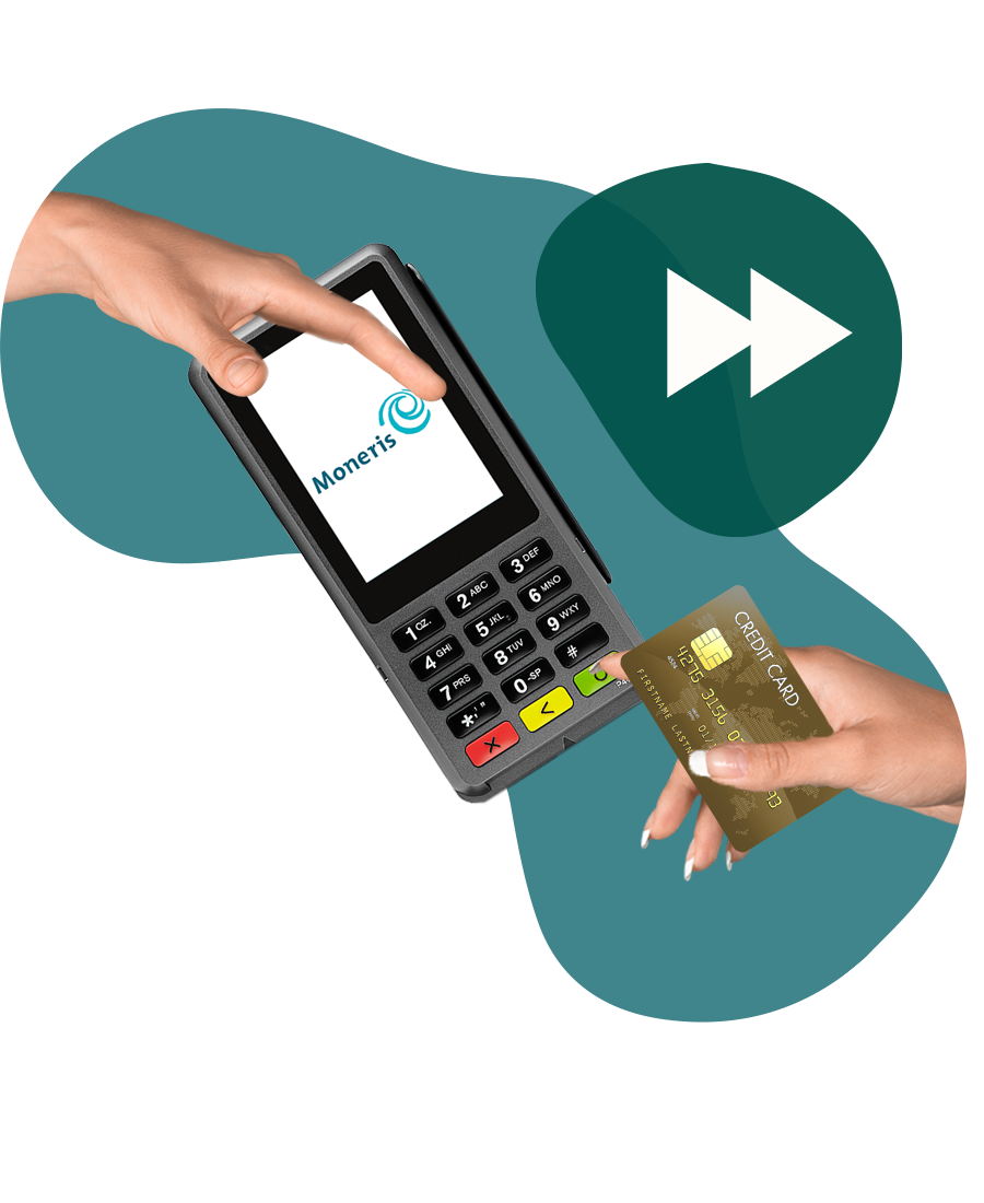 A hand passing a moneris payment terminal to a hand with a credit card in it