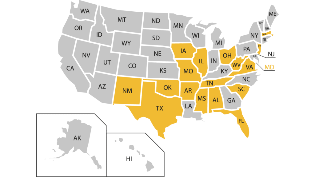 Map of states participating in a back-to-school tax holiday 