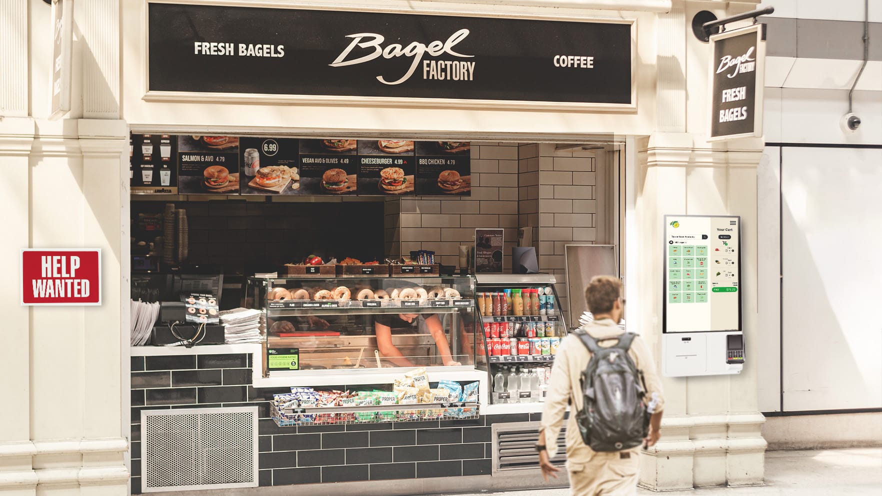 TAKU Self checkout kiosk at an understaffed bagel shop