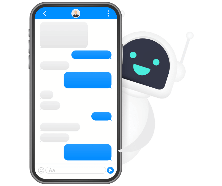 Art of a robot behind a phone. On the phone display there is a mockup of a chat between two entities.