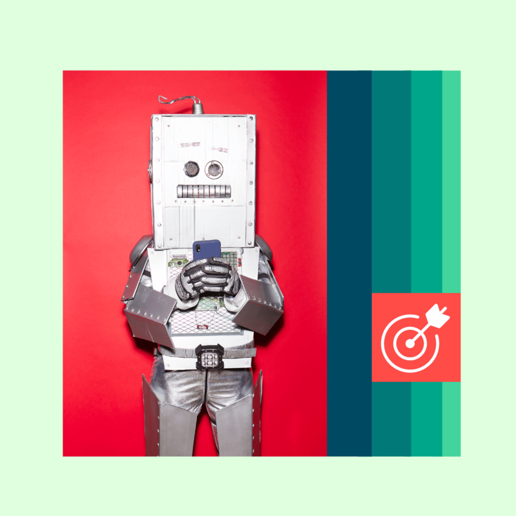 A stylized image of a robot looking at a phone with a target icon next to them.