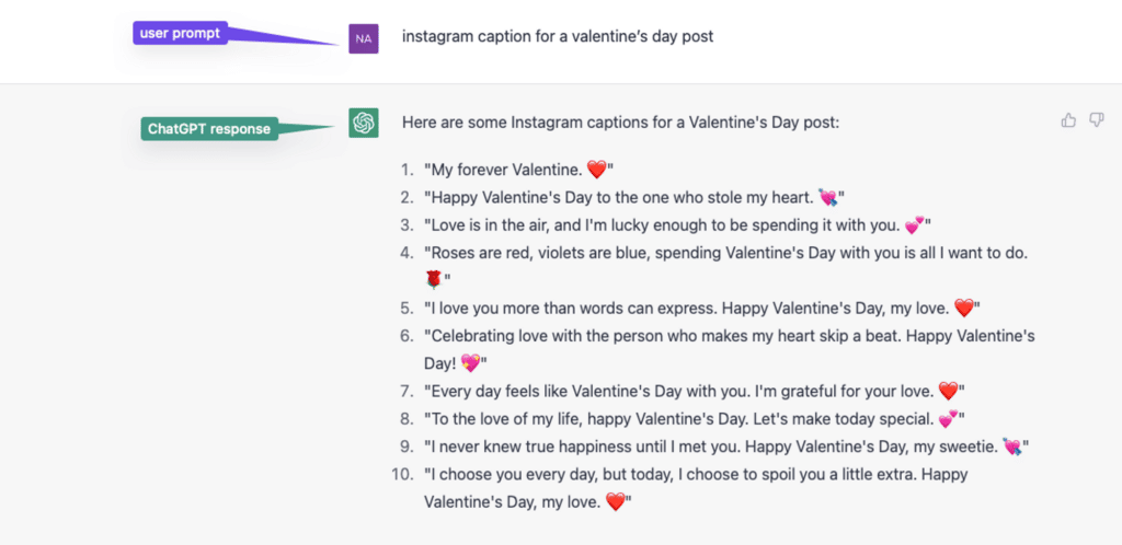 Prompting ChatGPT to generate a retail instagram caption for Valentine's day