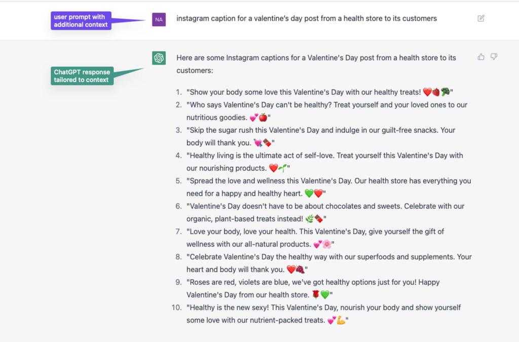 Prompting ChatGPT to generate a retail instagram caption for Valentine's day with additional context