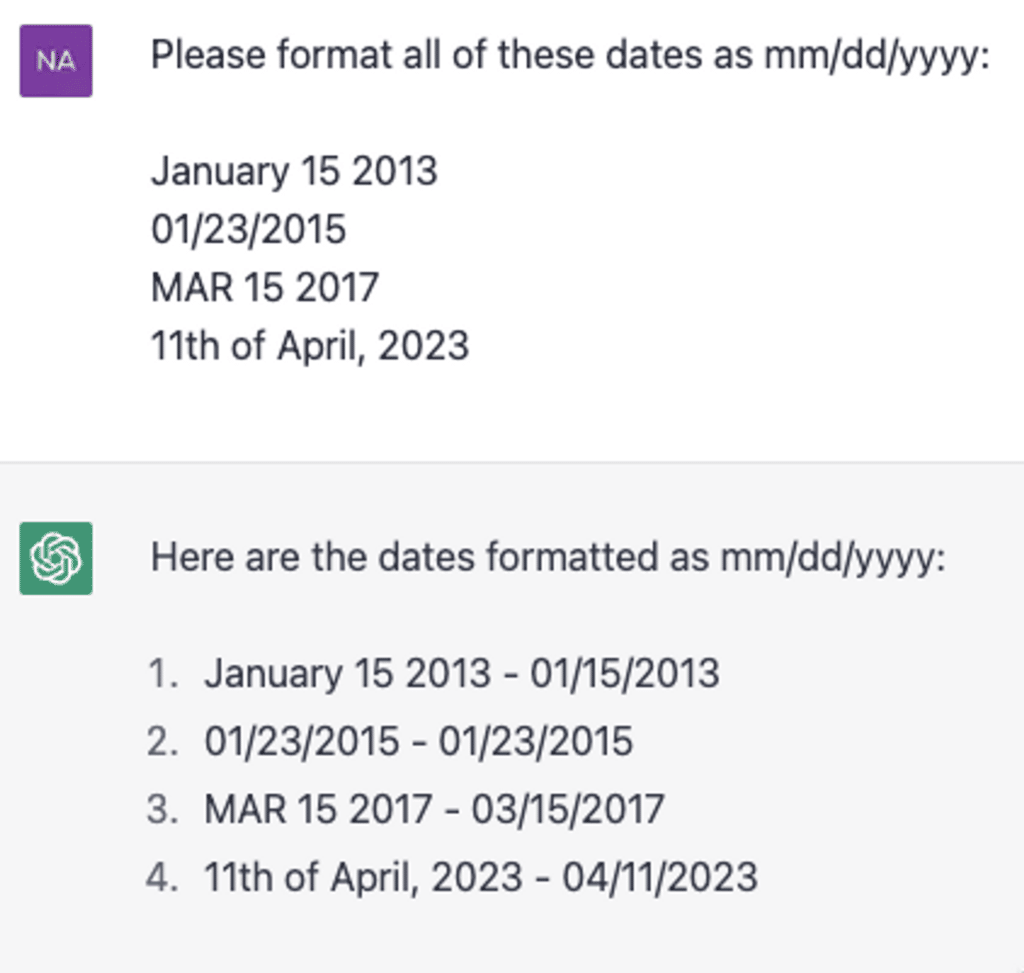 Prompting ChatGPT to format date texts