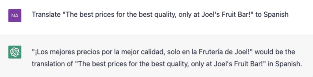Prompting ChatGPT to translate a message into Spanish for a Fruit Retailer
