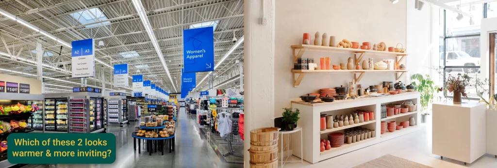 A big box retailer with a cold interior (left) vs a small retail store's warm and inviting interior (right)