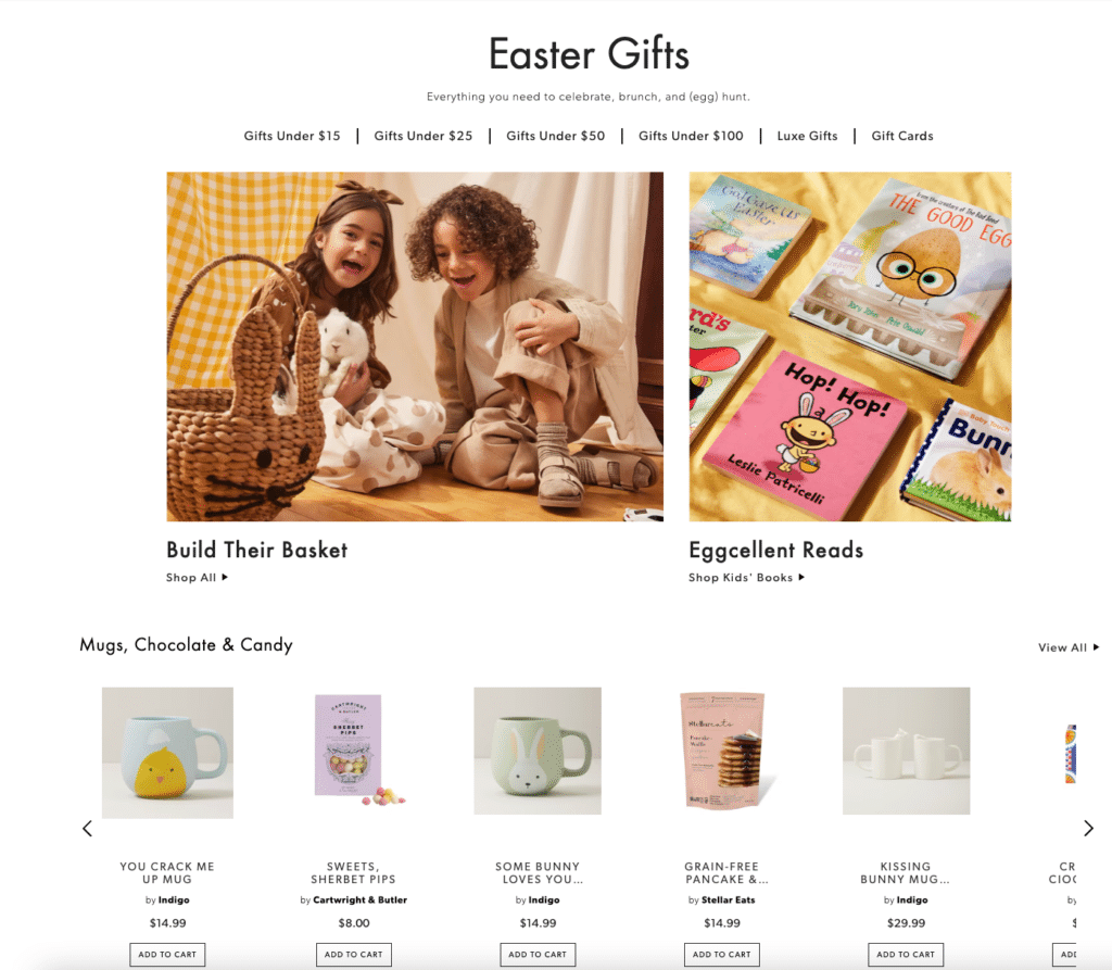 Indigo's Easter gift section on their website