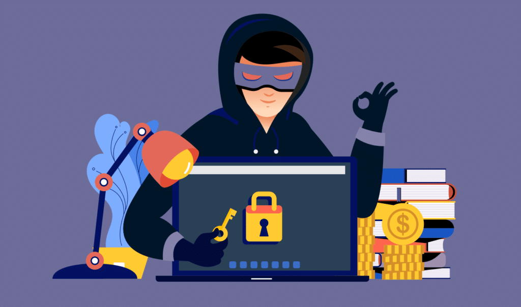 Vector art of a hacker behind a laptop with a lock symbol on it 